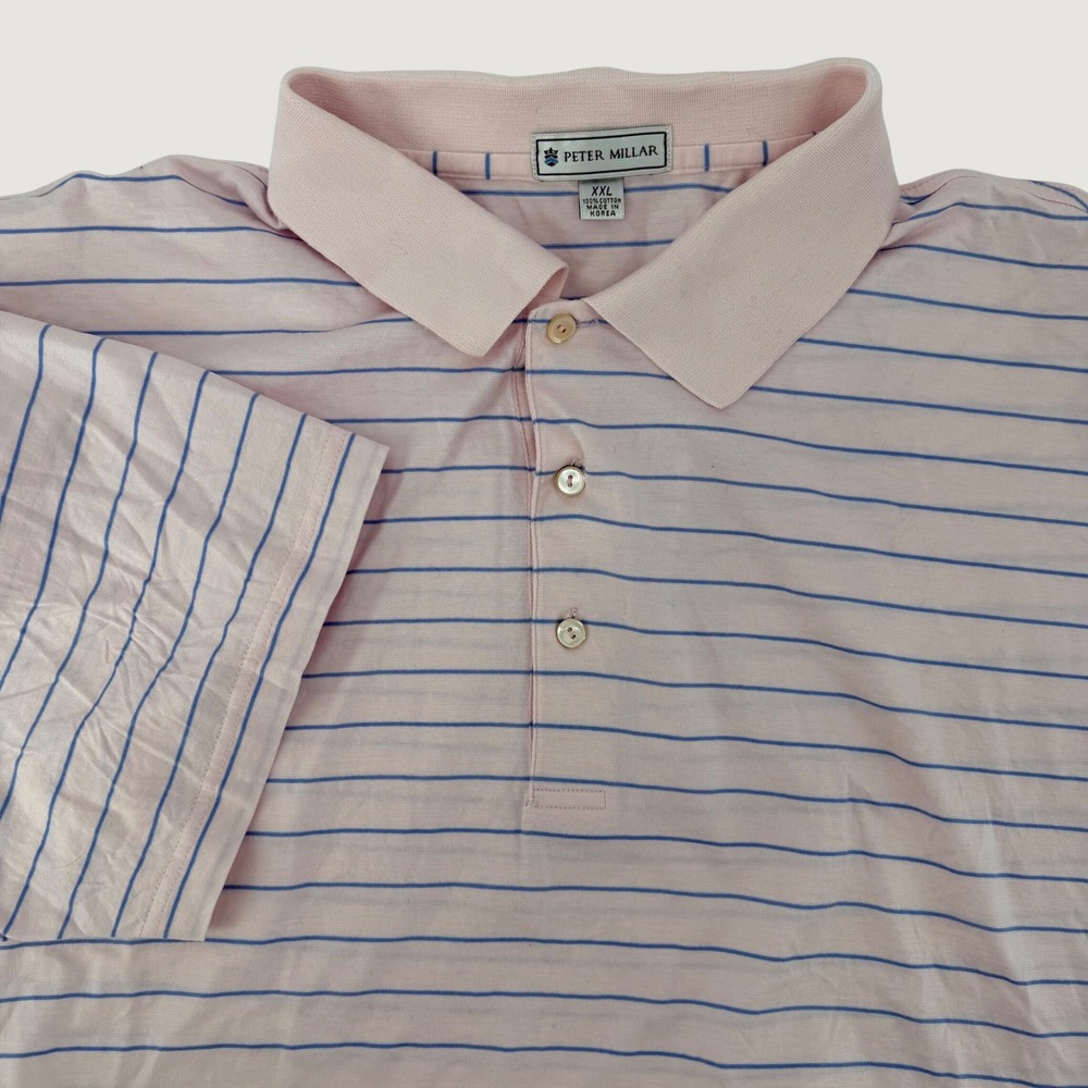 Peter Millar Mens XXL Pink Blue Striped Short Sleeve Cotton Polo Shirt Golf Top